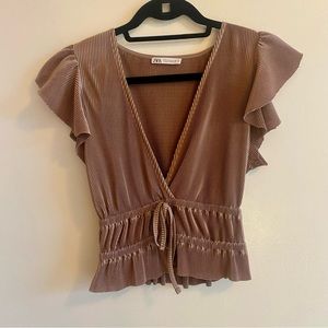 Zara V Neck Pleated Top with Tie